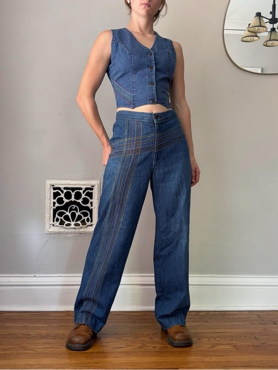 Pants - Vintage 70s Miss H.I.S. Retro rainbow embroidered denim vest + wide leg pant set